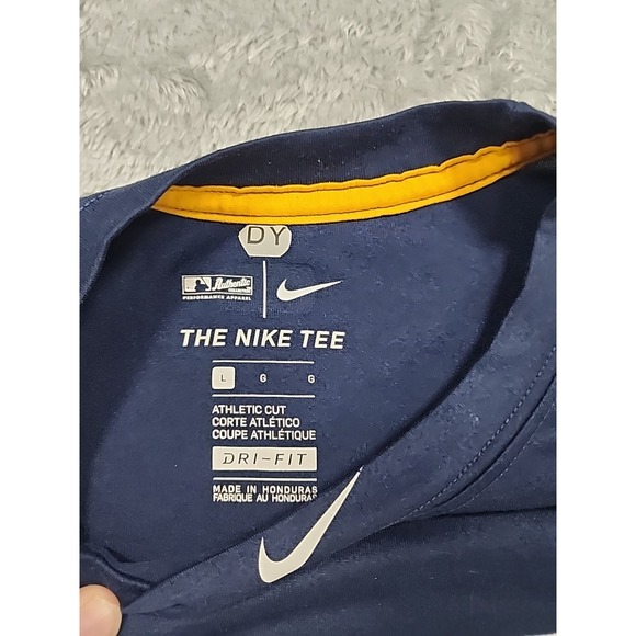 Nike Milwaukee Brewers Shirt Mens Large Dri Fit Center Swoosh Blue Yellow MLB - Picture 4 of 7